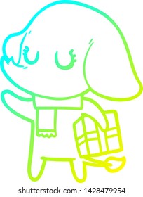 dibujo de línea de gradiente frío de un lindo elefante de dibujos animados con regalo
