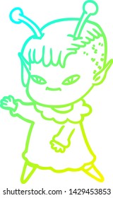 cold gradient line drawing of a cute cartoon alien girl