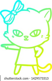 cold gradient line drawing of a cute cartoon cat wearing dress