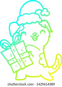 cold gradient line drawing of a cute cartoon puppy with christmas present and hat