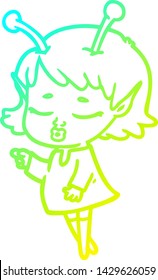 desenho de linha de gradiente frio de um desenho de menina alienígena bonito