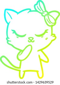 cold gradient line drawing of a cute cartoon cat with bow