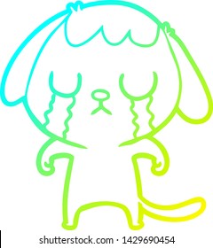 dibujo de una línea de gradiente frío de un perro de dibujos animados lindo llorando