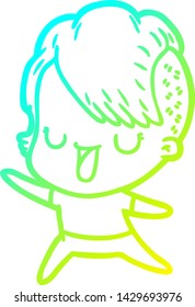 cold gradient line drawing of a cute cartoon girl with hipster haircut