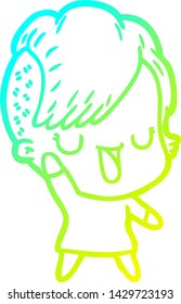 cold gradient line drawing of a cute cartoon girl with hipster haircut