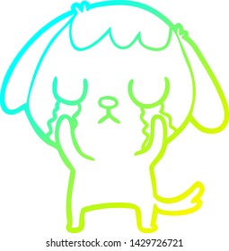 dibujo de una línea de gradiente frío de un perro de dibujos animados lindo llorando