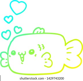 cold gradient line drawing of a cute cartoon fish with love hearts