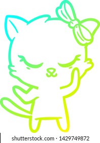 dibujo de línea de gradiente frío de un lindo gato de dibujos animados con arco