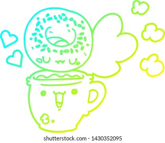 cold gradient line drawing of a cute cartoon donut and coffee