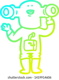 cold gradient line drawing of a friendly cartoon alien waving