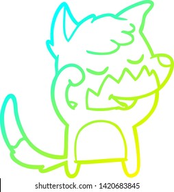 cold gradient line drawing of a friendly cartoon fox waking up