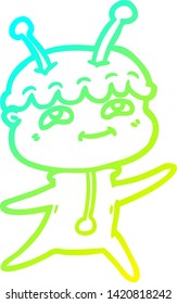 cold gradient line drawing of a friendly cartoon spaceman dancing