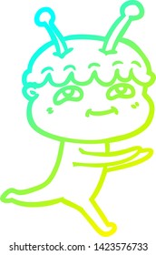 cold gradient line drawing of a friendly cartoon spaceman running