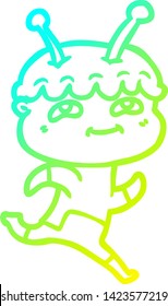 cold gradient line drawing of a friendly cartoon spaceman running