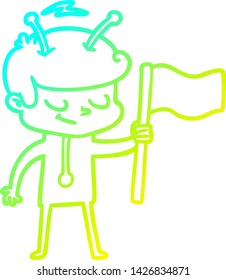 dibujo de línea de gradiente frío de un simpático caricaturista con bandera blanca