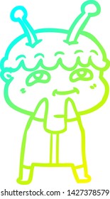 cold gradient line drawing of a friendly cartoon spaceman