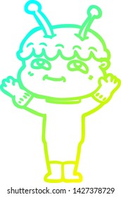 cold gradient line drawing of a friendly cartoon spaceman waving