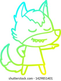 cold gradient line drawing of a friendly cartoon wolf girl pointing