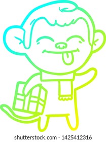 cold gradient line drawing of a funny cartoon monkey with christmas present