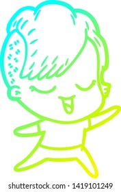 dibujo de línea de gradiente frío de una niña de dibujos animados feliz