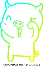 cold gradient line drawing of a happy cartoon pig