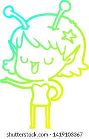 dibujo en línea de gradiente frío de una alegre caricatura de una chica alienígena riendo