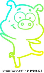 cold gradient line drawing of a happy cartoon pig dancing