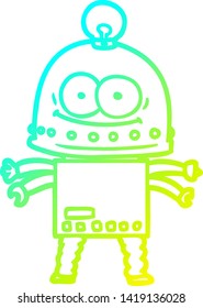 dibujo de línea de gradiente frío de un robot de cartón feliz con bombilla
