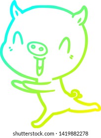 cold gradient line drawing of a happy cartoon pig running