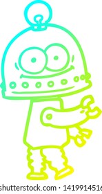 cold gradient line drawing of a happy carton robot with light bulb