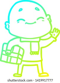 cold gradient line drawing of a happy cartoon bald man