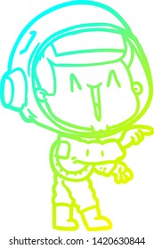cold gradient line drawing of a happy cartoon astronaut pointing