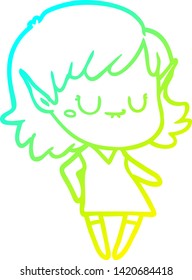 cold gradient line drawing of a happy cartoon elf girl wearing dress