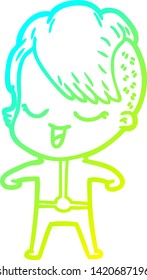 cold gradient line drawing of a happy cartoon girl in futuristic clothes