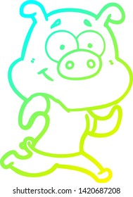 dibujo de línea de gradiente frío de un cerdo de dibujos animados feliz corriendo