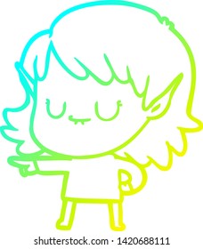 cold gradient line drawing of a happy cartoon elf girl