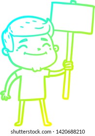 kalte Farbverlauf-Linie Zeichnung eines glücklichen Cartoon-Mannes mit Platard