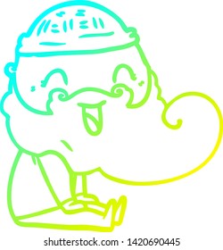 cold gradient line drawing of a happy bearded man sat down laughing