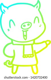 cold gradient line drawing of a happy cartoon pig in winter clothes