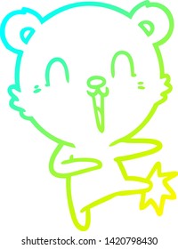 cold gradient line drawing of a happy cartoon polar bear kicking