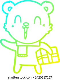 cold gradient line drawing of a happy cartoon bear with gift