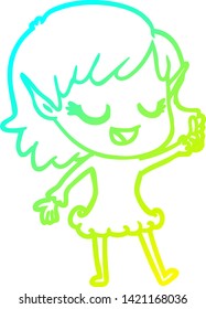 cold gradient line drawing of a happy cartoon elf girl