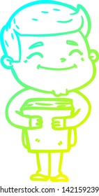 dibujo de una línea de gradiente frío de un hombre de dibujos animados feliz sosteniendo un libro
