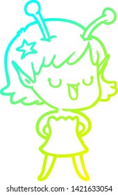 dibujo de línea de gradiente frío de una alegre caricatura de una chica alienígena