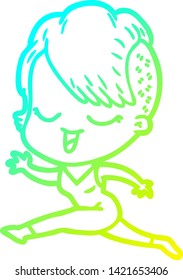 cold gradient line drawing of a happy cartoon girl running