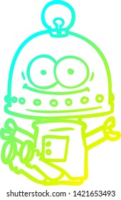 cold gradient line drawing of a happy carton robot with light bulb