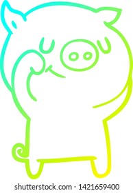 kalte Farbverlauf-Linienzeichnung eines Happy Cartoon Schweins