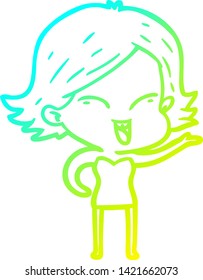 dibujo de línea de gradiente frío de una niña de dibujos animados feliz