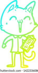 dibujo de línea de degradado frío de un gato de dibujos animados feliz