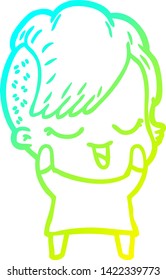 dibujo de línea de gradiente frío de una niña de dibujos animados feliz